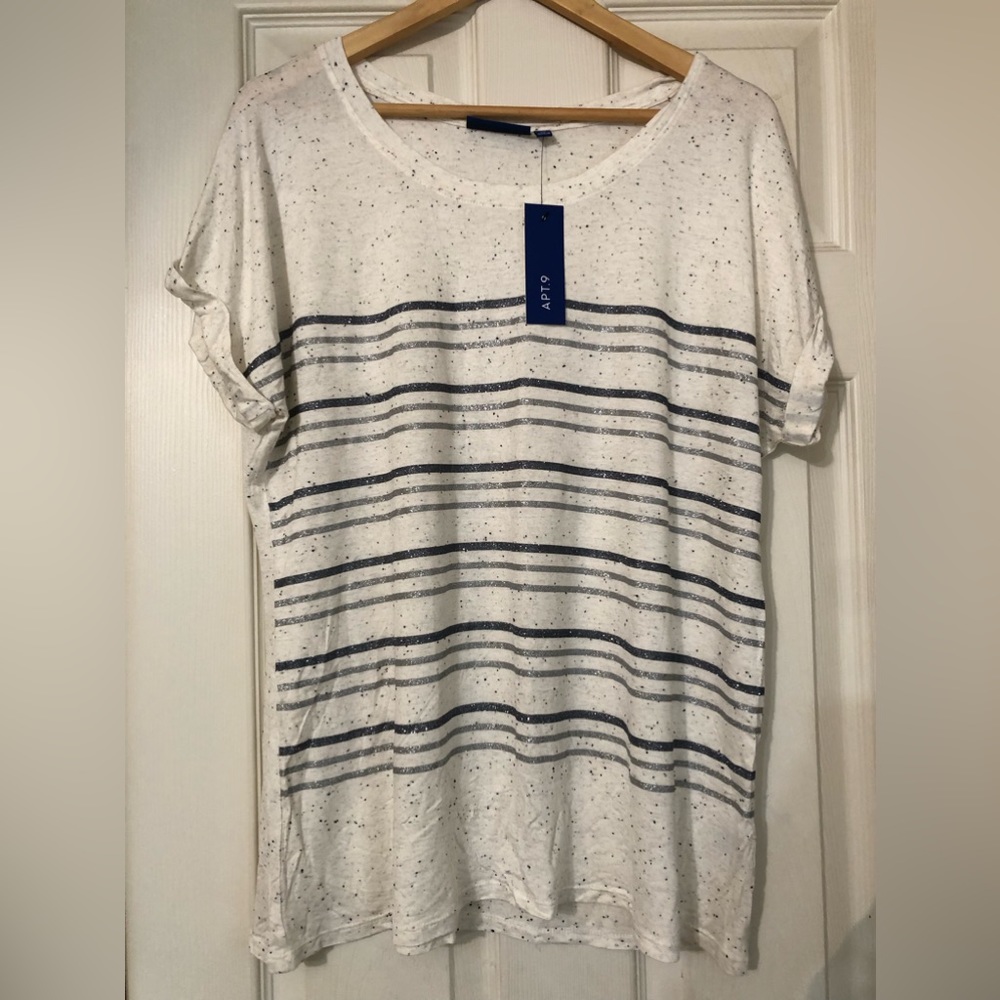 Apt9 size XL women’s short sleeve cream color w gray and silver sparkly stripes